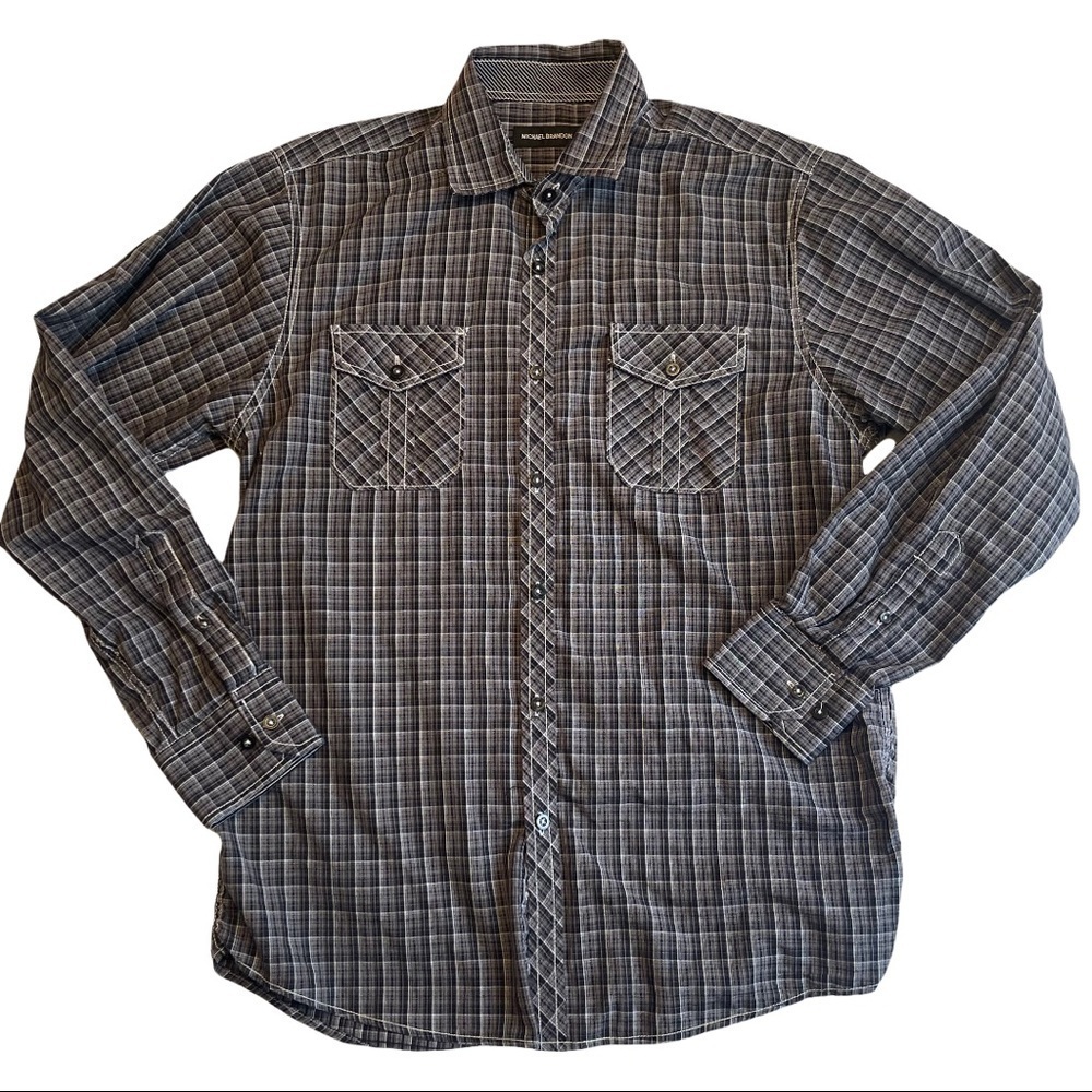 Michael Brandon Black Grey Plaid Long Sleeved Casual Western Casual Dress Shirt